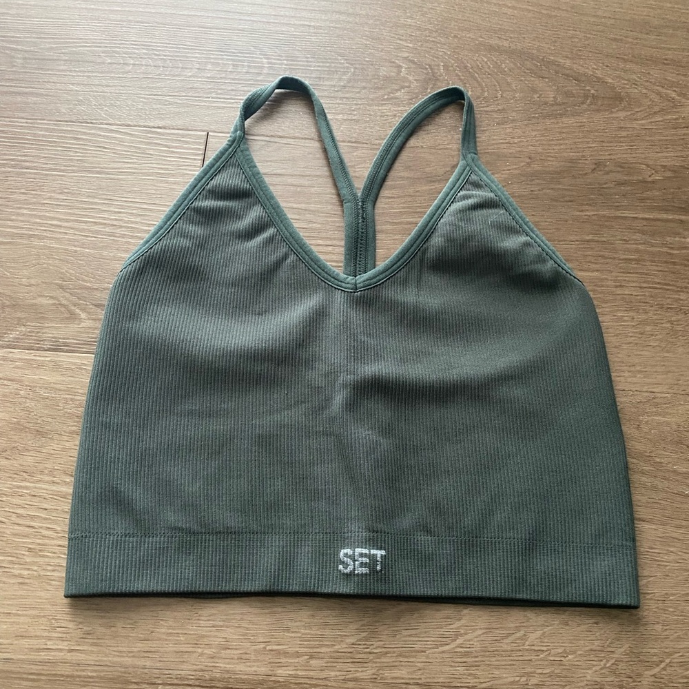 Set Active Sculptflex Ribbed V Bra - Green-Gray in Size Small